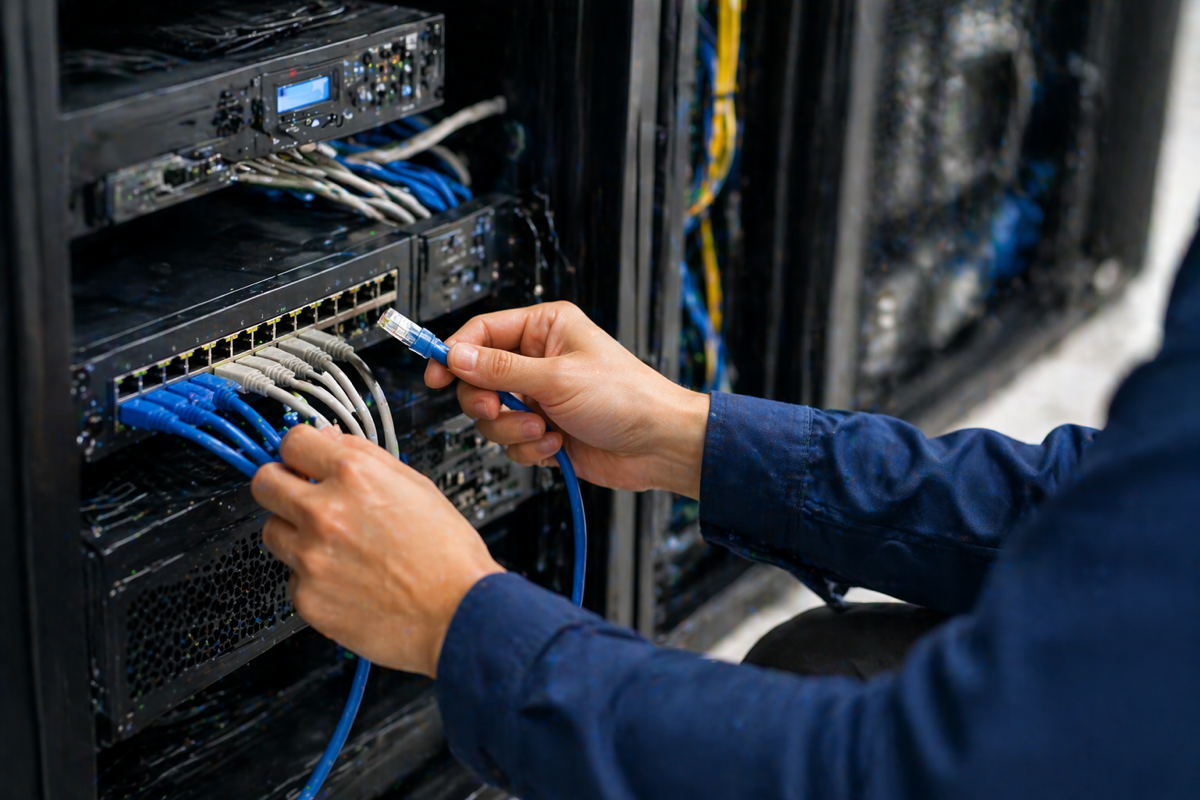 ネットワーク機器を確認している現場の様子