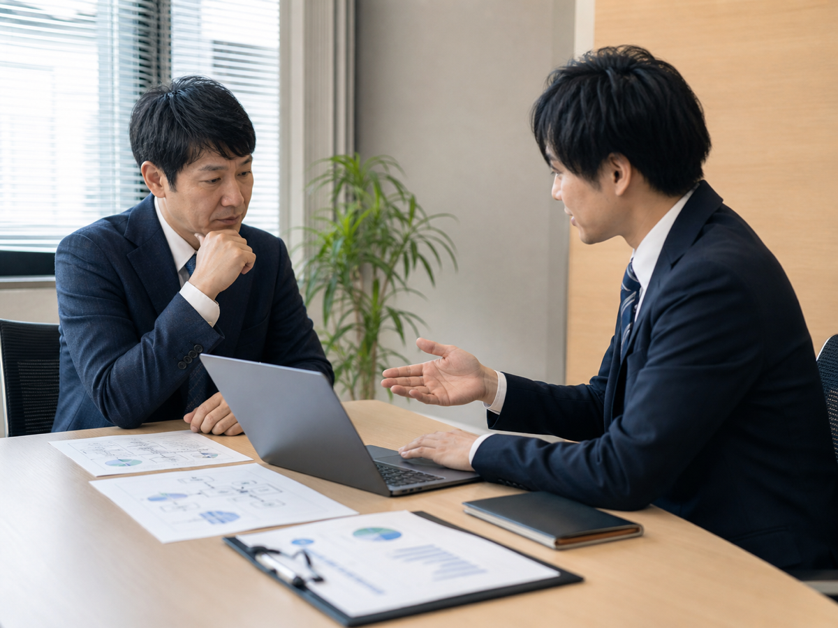 PC画面を見ながら業務課題を整理する打ち合わせ