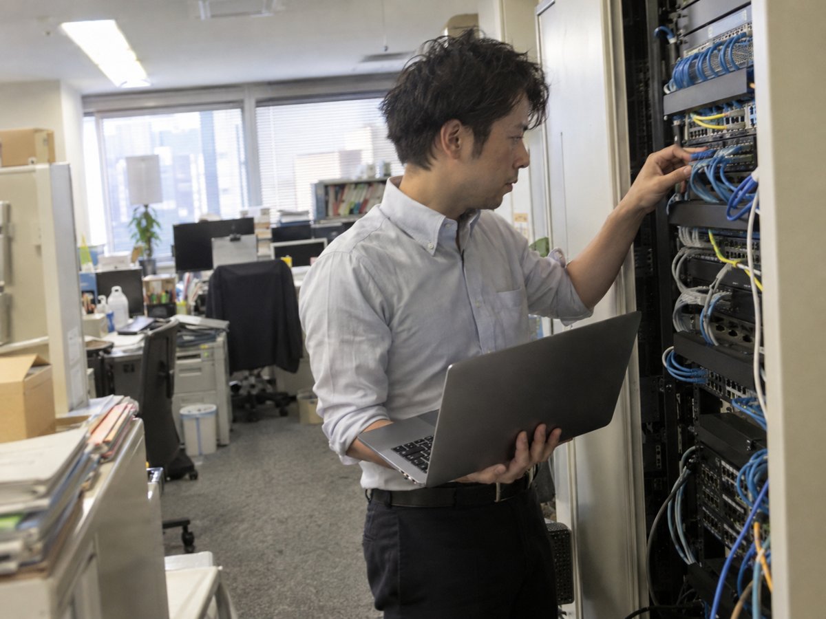 サーバーラックの前でネットワーク機器の状態を確認する技術者